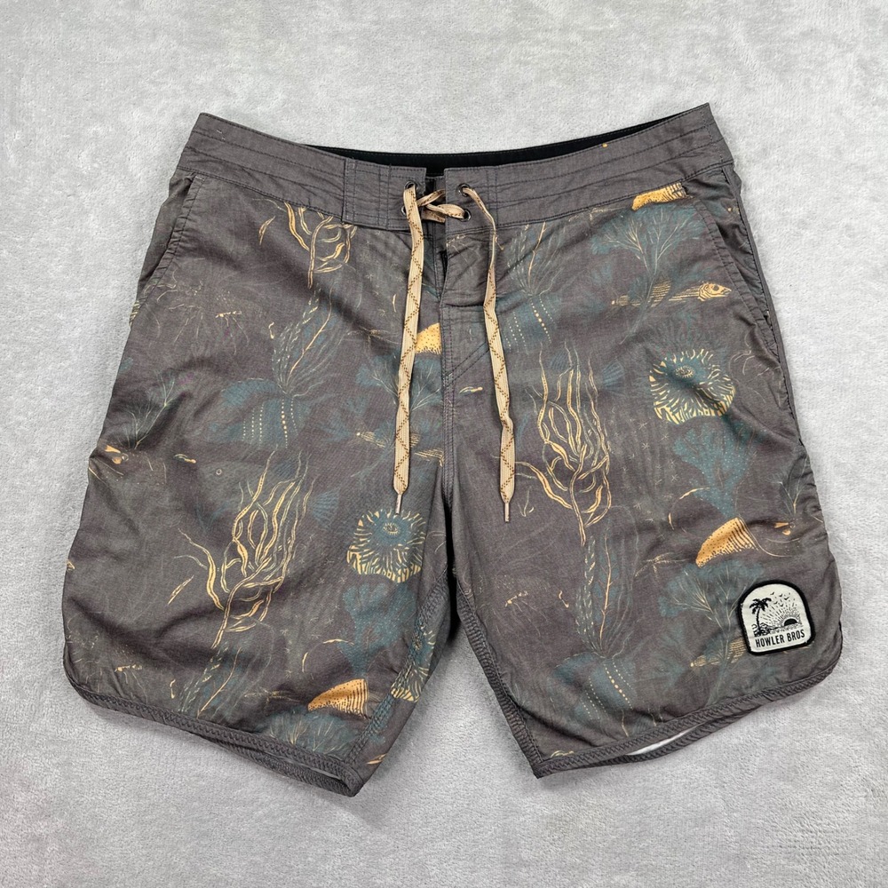 Howler Brothers Board Shorts Men 32 Gray Seaweed Print Horizon Hybrid Swim Trunk